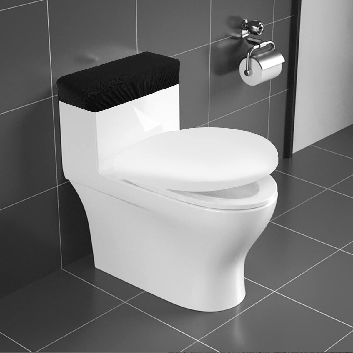 Toilet Tank Lid Cover, Bathroom Stretch Washable Spandex Toilet Tank Protector Cover with Elastic Bottom, Black