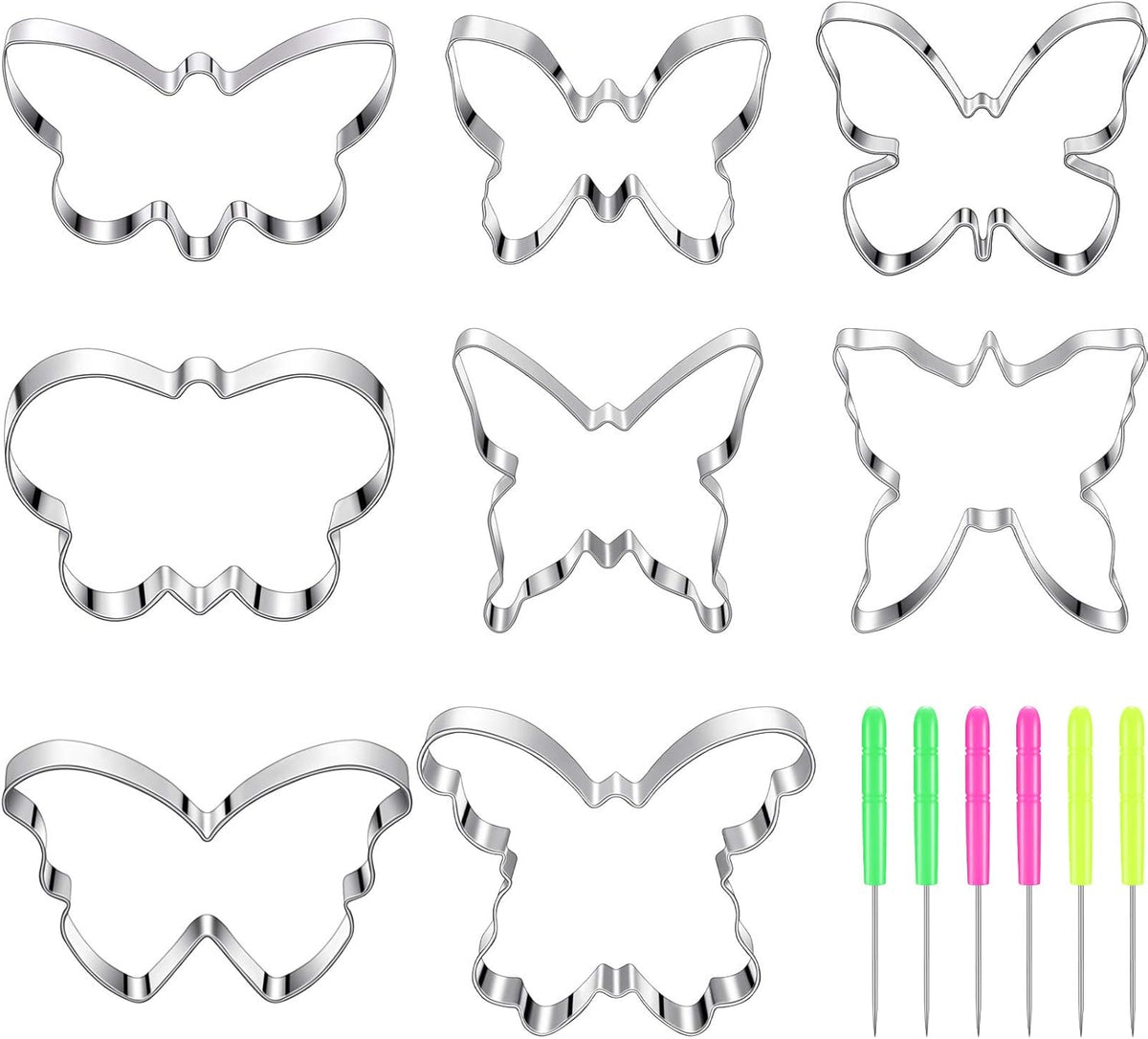 8 Pieces Butterfly Cookie Cutter Set Stainless Steel Metal Biscuit Cutter Mould and 6 Pieces Sugar Stirring Pins for Sandwich Chocolate Fondant Biscuit Cake Kitchen Baking