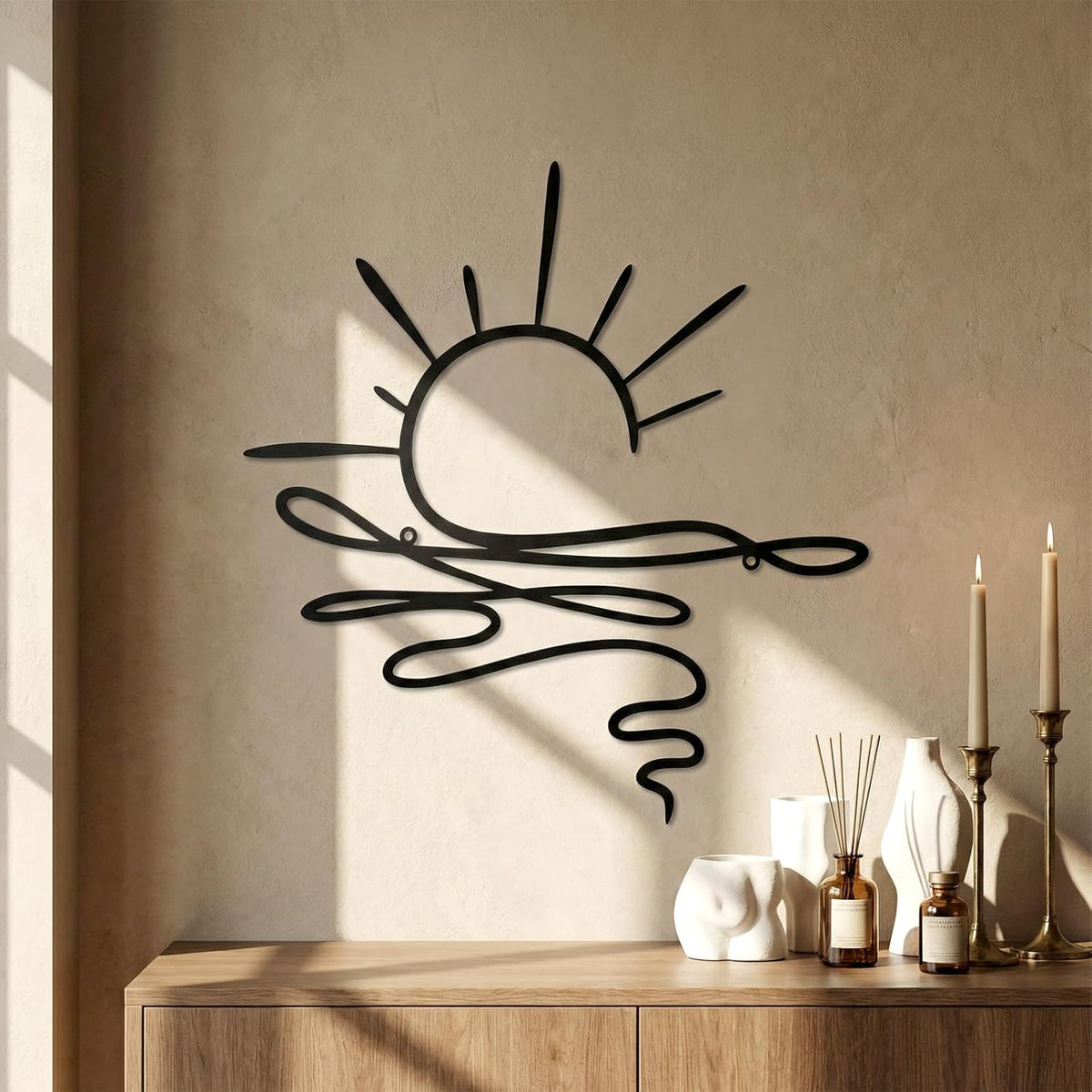 Sun Metal Wall Art Abstract Sunrise Sunset Sign Minimalist Black Line Wall Art Decor Sea Wave Modern Hanging Decor for Living Room Kitchen Bedroom Outdoor Housewarming Gifts 16.9 x 12.2 Inch