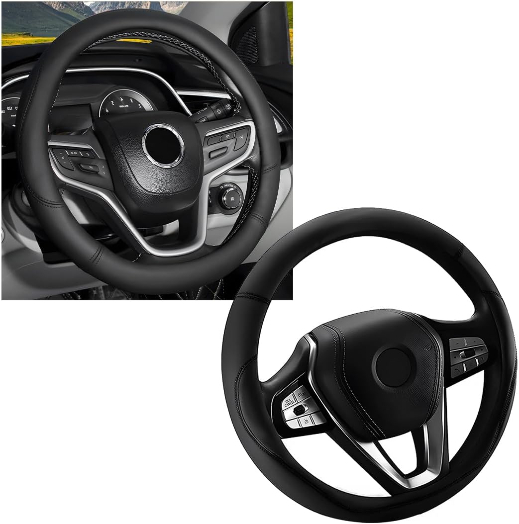 Car Steering Wheel Cover, Premium Leather Steering Wheel Protector with Anti-Slip Lining, Universal 15" Soft Breathable Auto Steering Wheel Cover, Interior Car Accessories (Black)