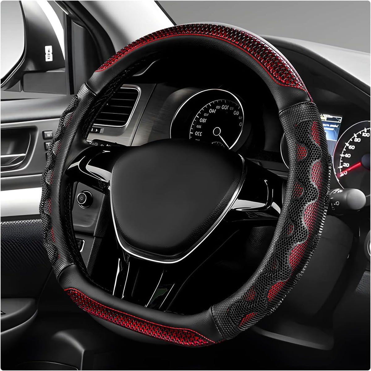 Car Steering Wheel Cover, Breathable 3D Honeycomb Anti-Slip Steering Wheel Protector, D-Shaped Sporty Protective Cover Fits 14.5-15 Inch Steering Wheels, Car Accessories (Red)