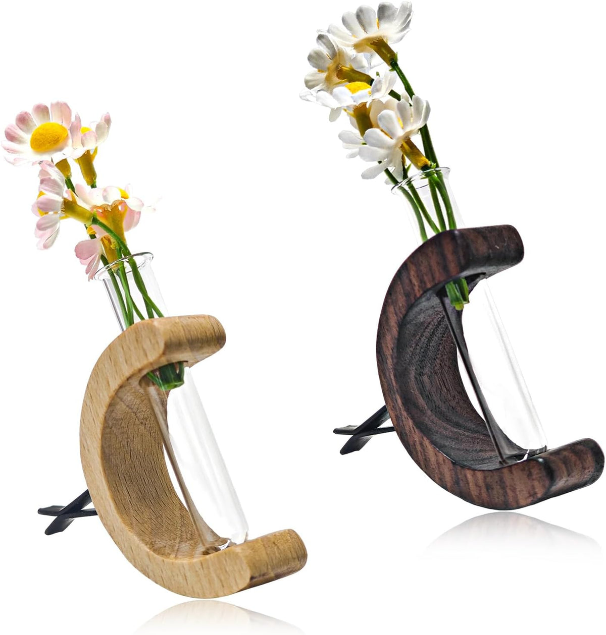2 PCS Car Vase Vent Clips, Wooden Auto Glass Tube Vase Clips for Air Vent Ornament, Charm Automotive Flower Vases Holder Vehicle Decoration (Light Brown+Dark Brown)