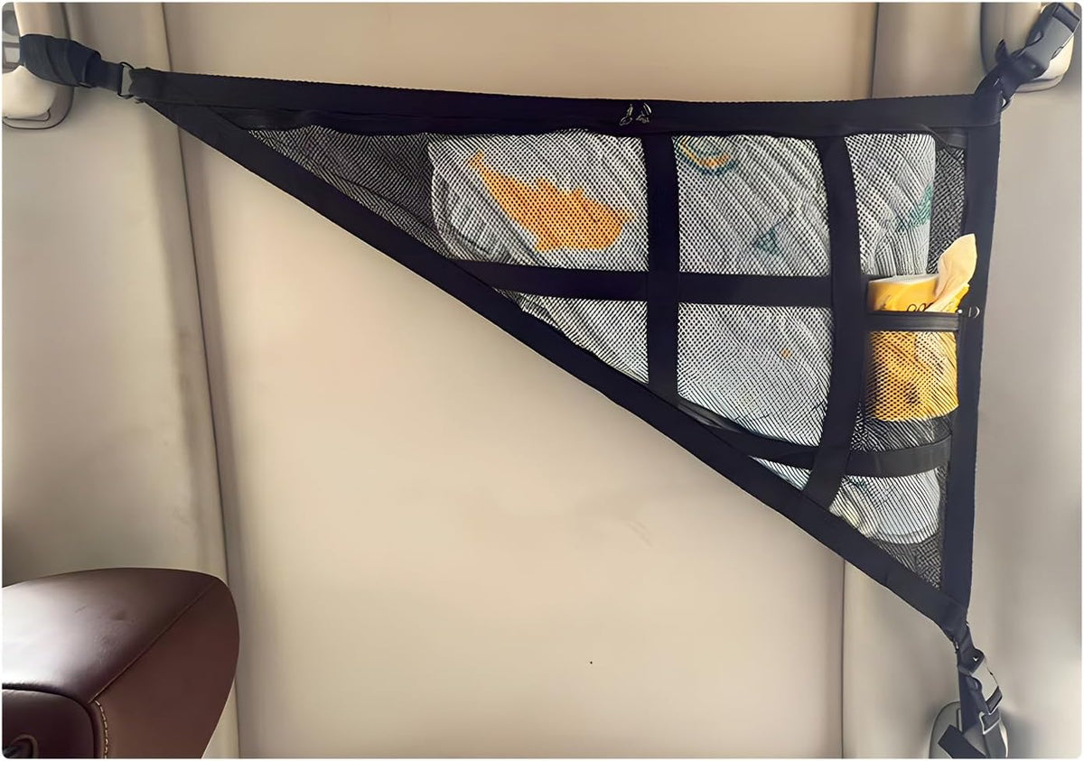 Car Ceiling Cargo Net, 35.4"×25.6" Triangle Double Layer Overhead Cargo Net with Adjustable Buckle, Large Capacity Roof Storage Mesh Organizer for Travel Road Trip Camping (Black)
