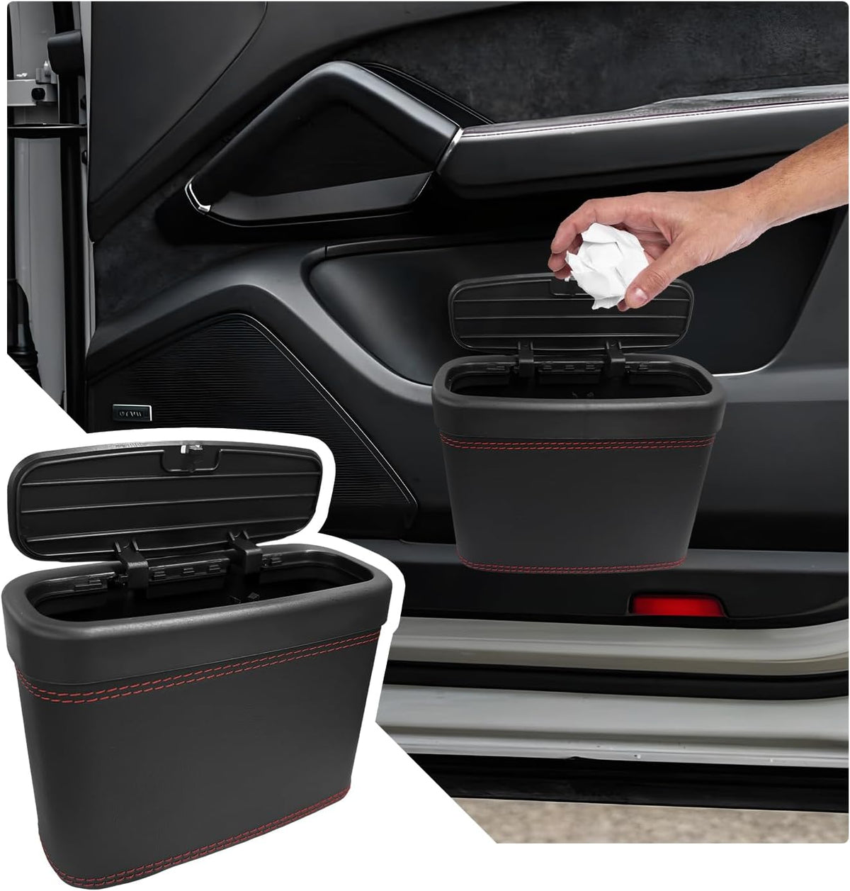 Car Trash Can with Lid, Leather Auto Dustbin Hanging Organizer with Mounting Clip, Multi-Purpose Leakproof Vehicle Garbage Bin Storage Container for Cars SUVs RVs (Black)