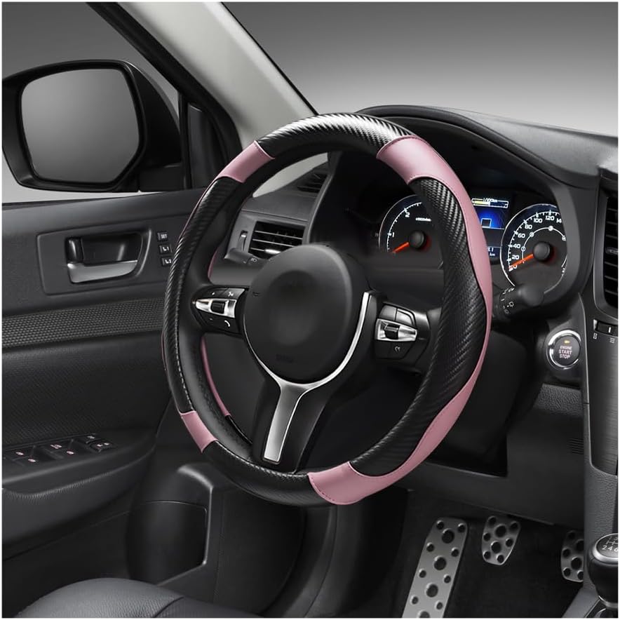 Car Steering Wheel Cover, 15 Inch Carbon Fiber Leather Anti-Slip Steering Wheel Protective Cover, Breathable Elastic Steering Wheel Warp Interior Accessories for Most Cars (Black & Pink)