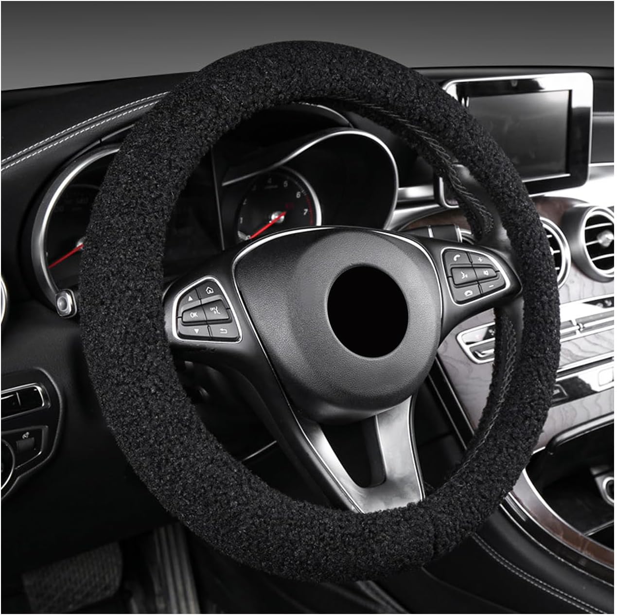 Furry Car Steering Wheel Cover, 15.5-16" Fuzzy Fleece Plush Non-Slip Steering Wheel Cover, Warm Winter Decoration (Black)