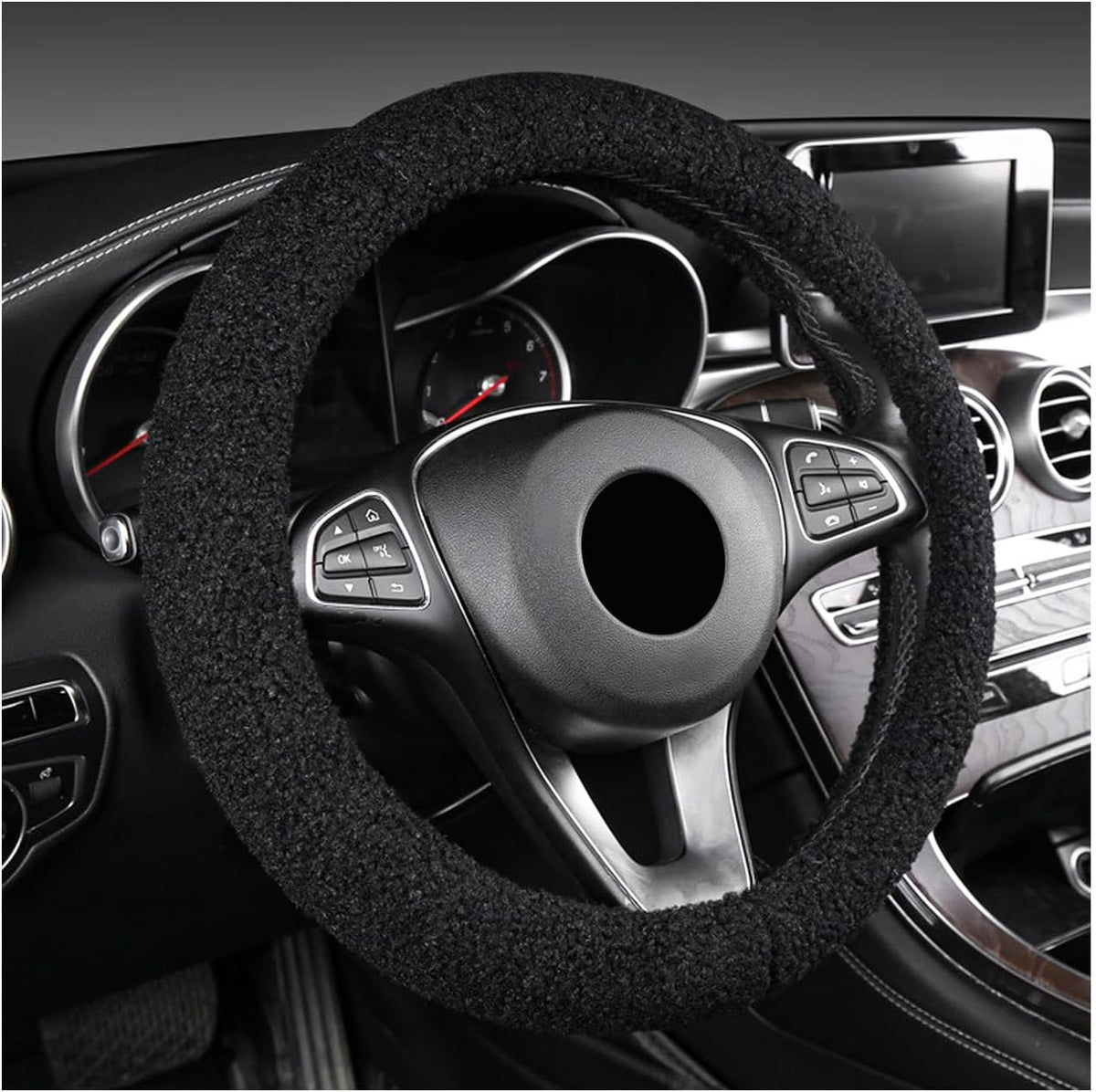 Furry Car Steering Wheel Cover, 15.5-16" Fuzzy Fleece Plush Non-Slip Steering Wheel Cover, Warm Winter Decoration (Black)