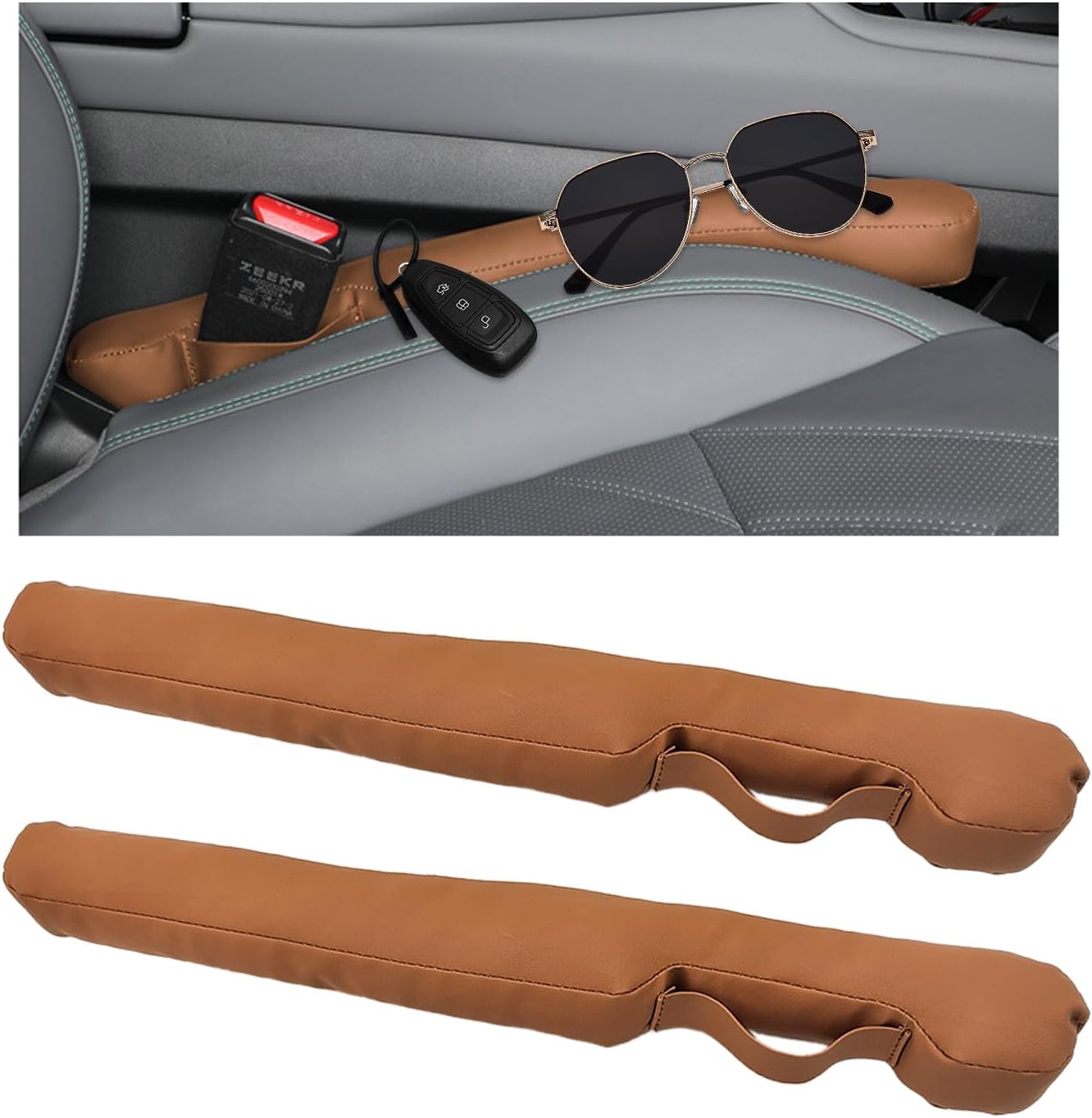 2PCS Leather Car Seat Gap Filler, No-Drop Seat Side Gap Plug Crevice Blocker with Securing Strap, Elastic Filler Block The Gap Between Seats & Console for Truck SUV Sedan (Brown)