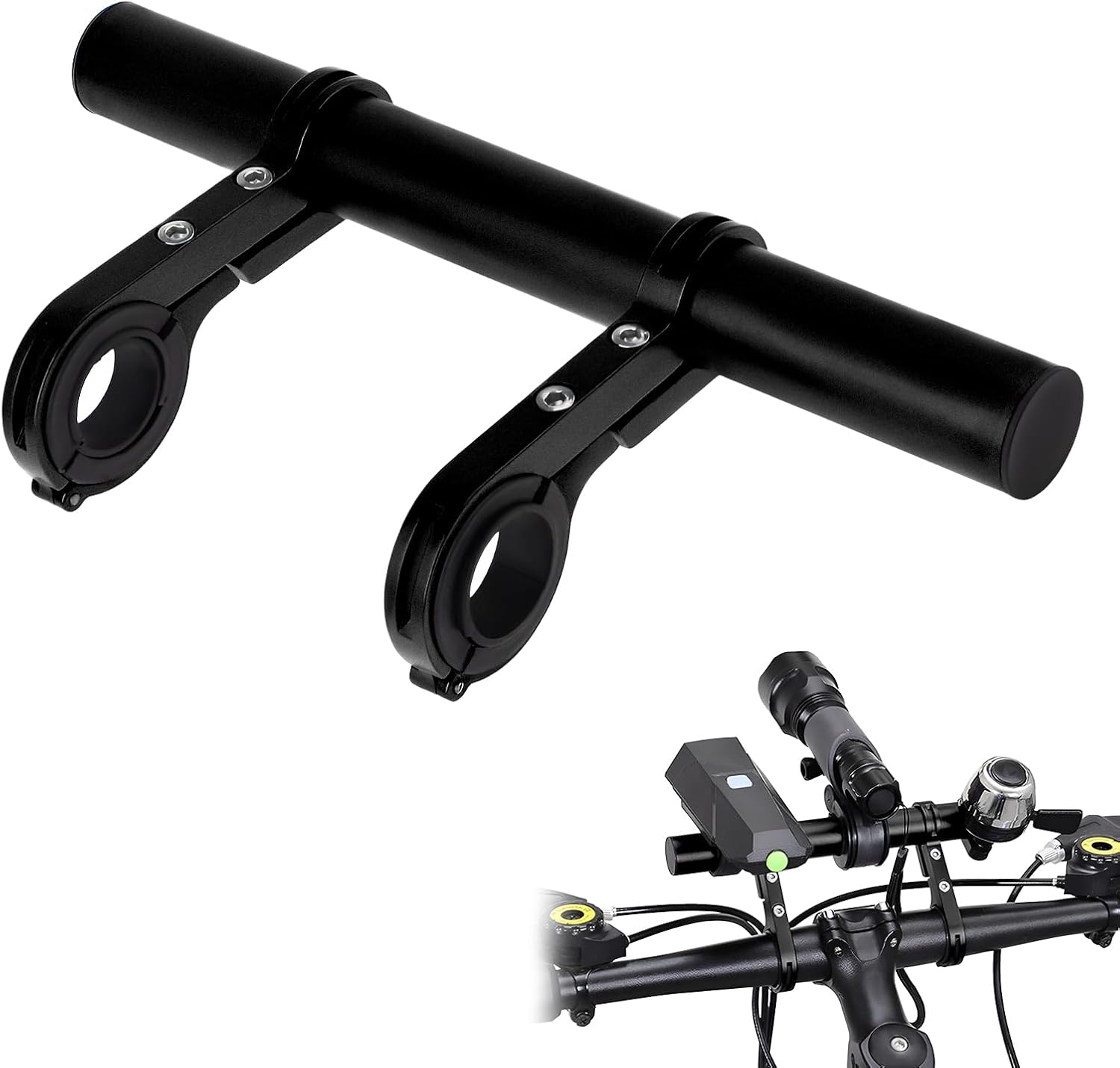 Bike Handlebar Extender, 8" Handlebar Extension with Two Mounting Clamp Brackets, Multifunctional Aluminum Alloy Bicycle Handlebar Extender for Headlight Speedometer Phone Mount (Black)