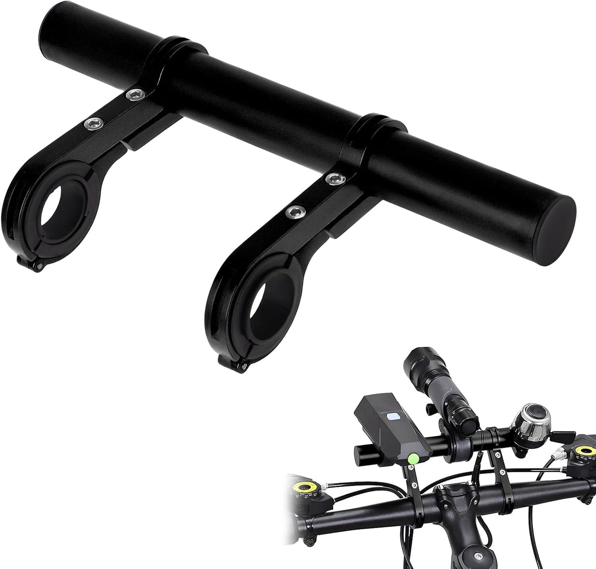 Bike Handlebar Extender, 8" Handlebar Extension with Two Mounting Clamp Brackets, Multifunctional Aluminum Alloy Bicycle Handlebar Extender for Headlight Speedometer Phone Mount (Black)