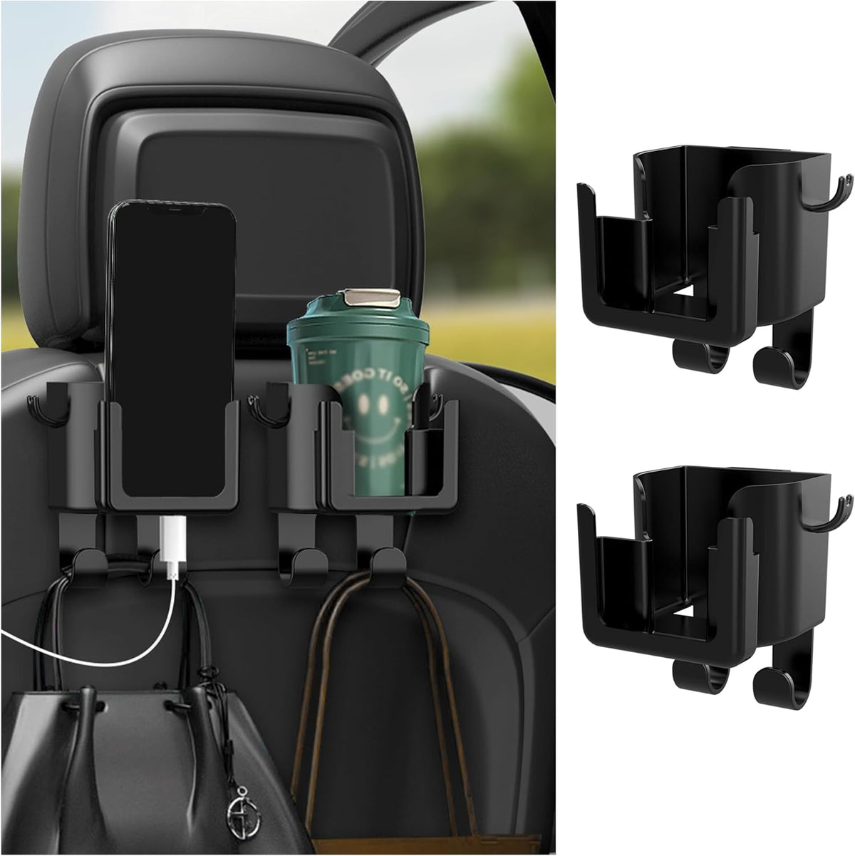 2PCS Multifunctional Car Cup Holder + Car Phone Holder + Car Purse Hook,Hanging Back Seat Car Organizer with Headrest Hooks,Universal Car Organizer Car Accessories Interior