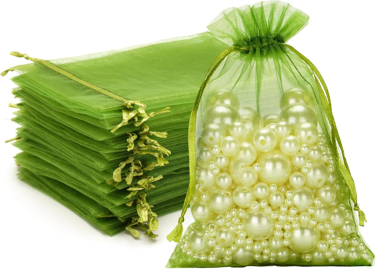 Green Organza Bags 4X6 in, 100PCS Sage Green Organza Gift Bags with Drawstring, Sheer Mesh Jewelry Pouches Tulle Bag for Candy, Jewelry, Fruits, Wedding, Christmas Party Favors