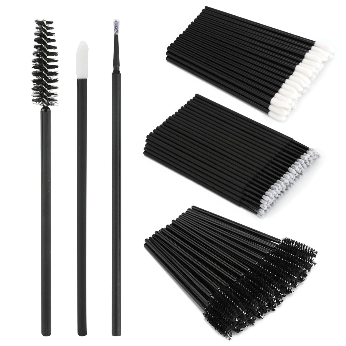 300pc Eyelash Extension Supplies Kit, 100pc Disposable Lip Wands, Mascara Brush Applicators, Micro Swabs for Eyebrow, Eyelash Extension and Makeup Kits (Black)
