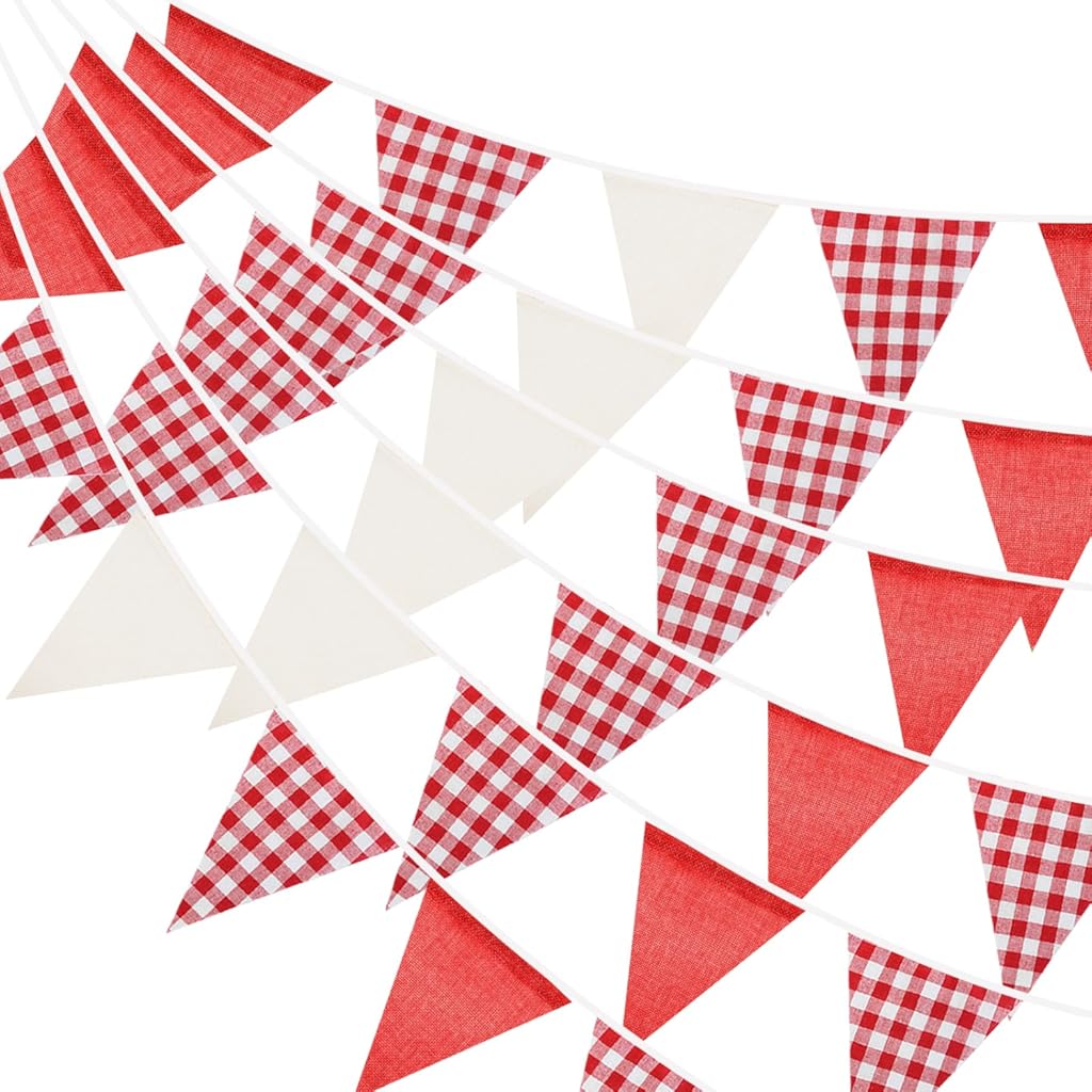 Red and White Gingham Fabric Bunting Banner, 32Ft Cotton Burlap Triangle Garland for Valentine’s Day, Wedding, Picnic, BBQ, Birthday Party & Outdoor Decorations