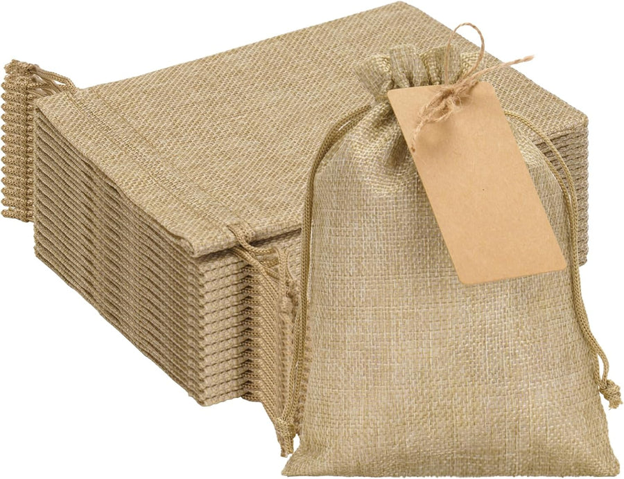 24 Pcs Burlap Gift Bags with Drawstring 5x7 Inch, Rustic Gift Favor Bags with Kraft Tags & Jute String for Wedding Favors, DIY Crafts, Birthday & Coffee Packaging