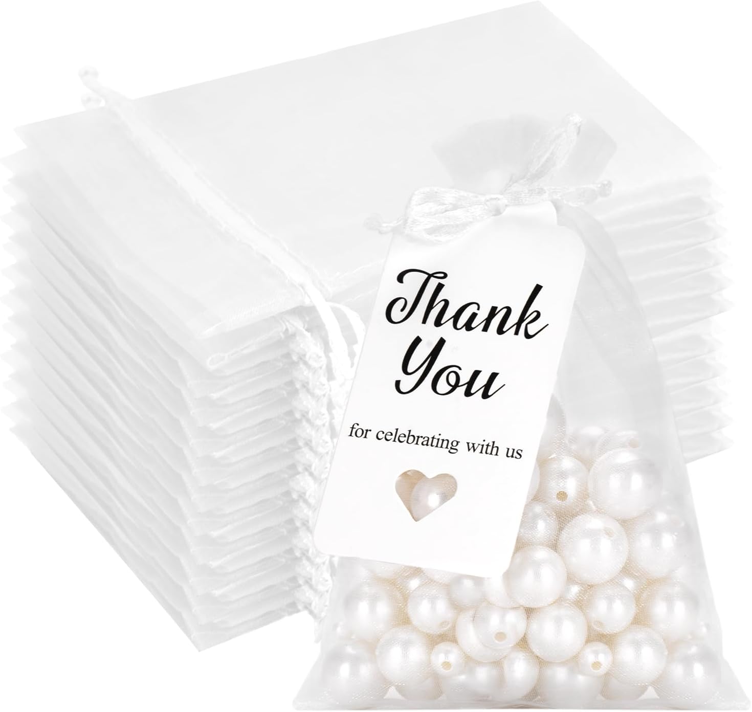 50 Pcs White Organza Bags 4x6 with Thank You Tags, Drawstring Sheer Mesh Gift Bags for Wedding Favors, Bridal & Baby Shower Party Favors