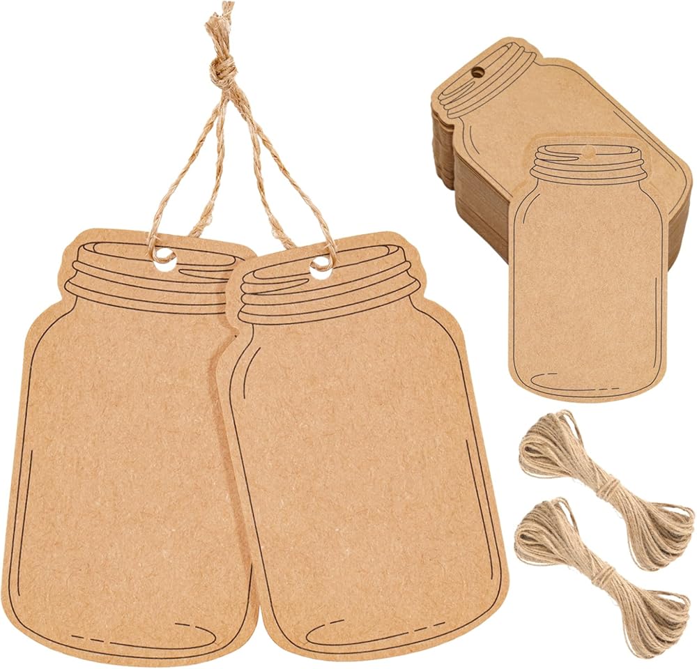 Kraft Paper Gift Tags, Blank Bottle Tag, 100PCS Vintage Mason Jar Tags Canning Labels, Brown Hangtags with Natural Jute Twine for DIY and Craft, Canning Jars and Party Favors