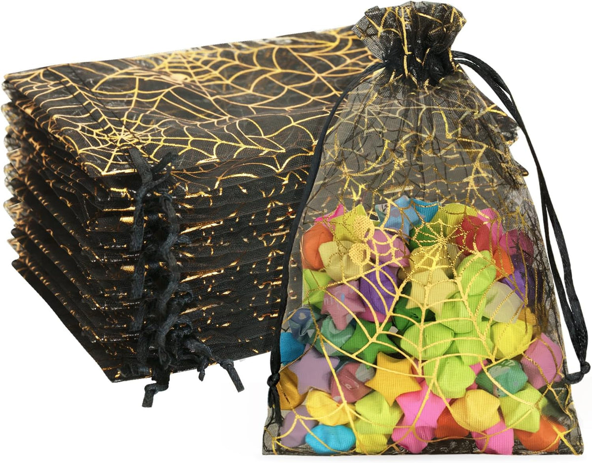 Halloween Organza Drawstring Bags-50PCS Black Sheer Mesh Pouches 4x6, Trick or Treat Candy Bags with Spiderwebs Design for Halloween Party Favors