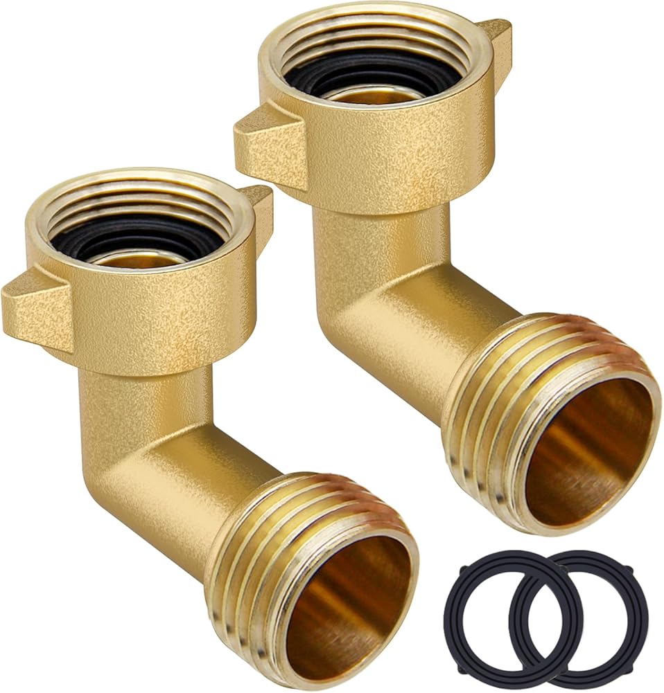 Garden Hose Elbow Connector 90 Degree Brass Hose Elbow(2pcs) 3/4" Heavy Duty Hose Adapter with 2 O-rings Brass Garden Hose Elbow Solid Brass Adapter