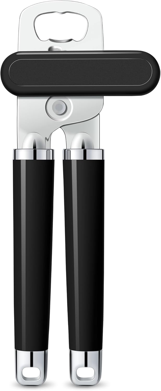 XL Large Heavy Duty Can Opener Manual Smooth Edge, Hand Held Can Openers for Seniors, Stainless Steel, Comfortable Handle, Built-in Bottle Opener, 8.66 inch (Black)