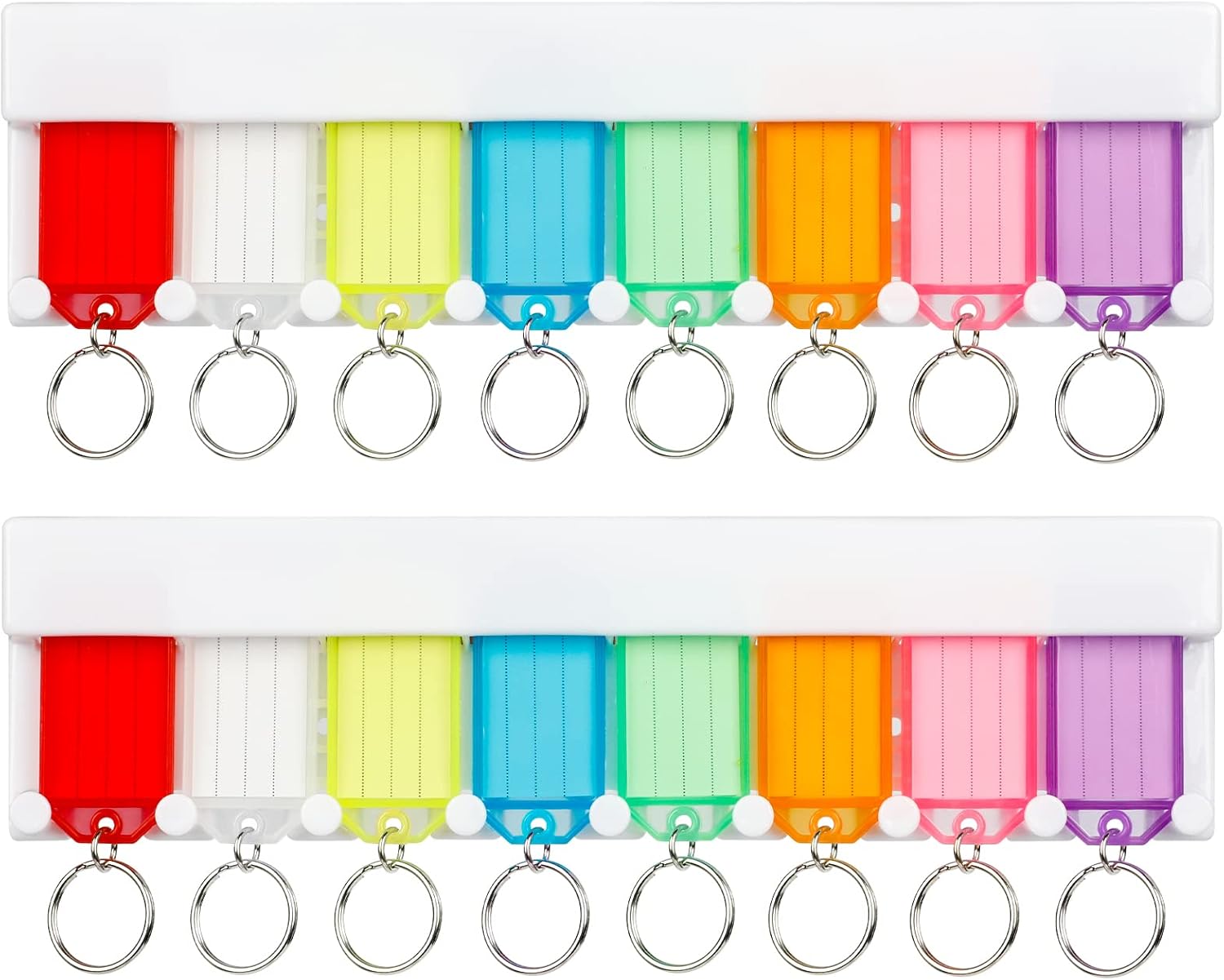 Key Tag Rack Slot Style Plastic Wall Mounted Key Holder Organizer with Transparent Tough Key Tag Identifiers Markers in 8 Assorted Colors, 2 Pack