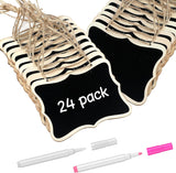 24 Pack Mini Chalkboard Signs for Food, Small Chalkboard Signs with Strings Chalk Markers & Replacement Stickers, Hanging Chalkboards Sign Reusable Wooden Food Labels for Party Buffet Wedding