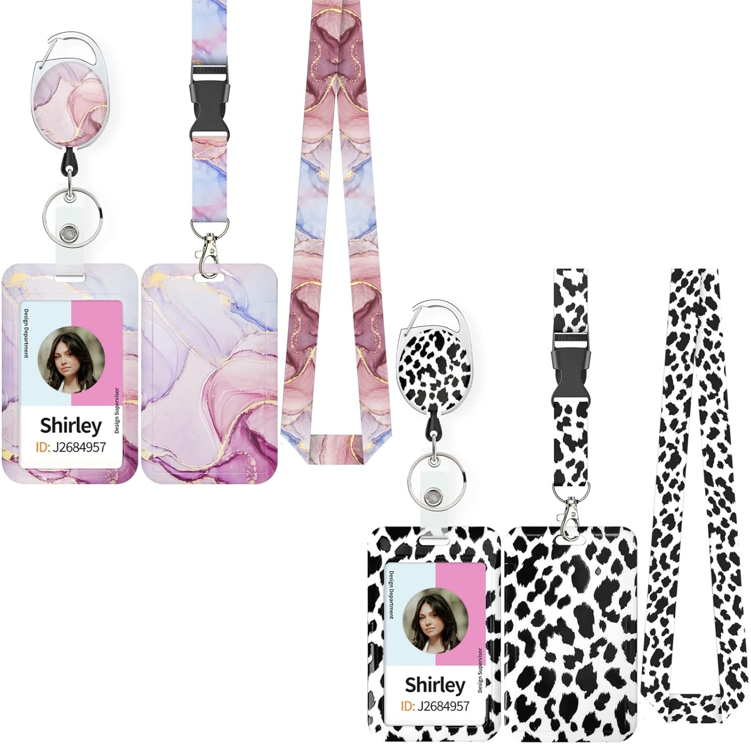 Pink Marble Pattern & Snow Leopard Print Plastic Card Holder with Retractable Badge Reel Carabiner Detachable Lanyard Vertical Card Protector for Office Worker Student