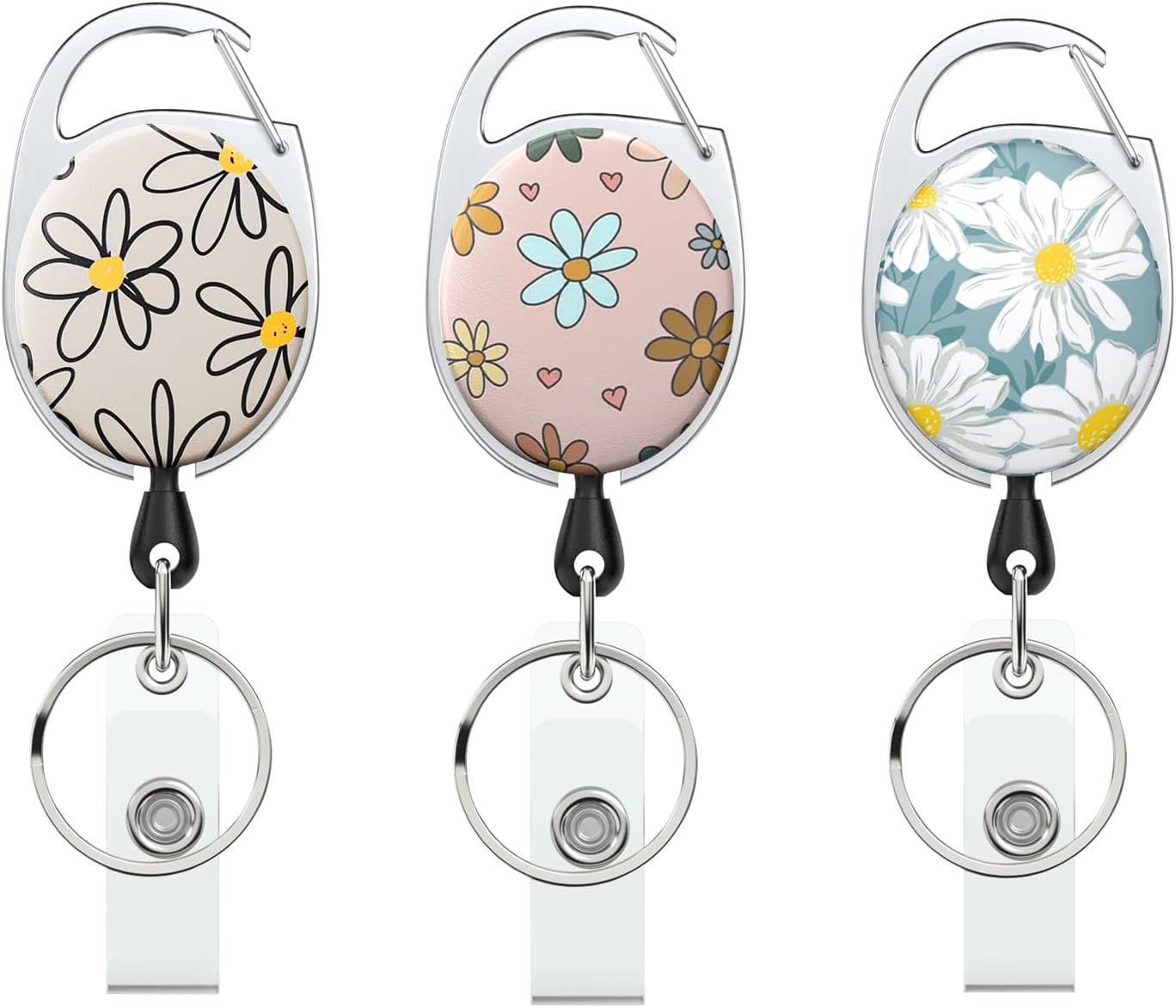 3 Pack Floral Retractable Badge Reel for Badge Holder Flower Heavy Duty Retractable Keychain Strong ABS Casing with Stainless Steel Spring Coil 24 Inch Nylon Rope Carabiner Clip and Key Ring
