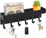 Key Holder Wall Mount, Compact Adhesive Key Rack with Tray, 6 Hooks, 2 Mount Options, Black