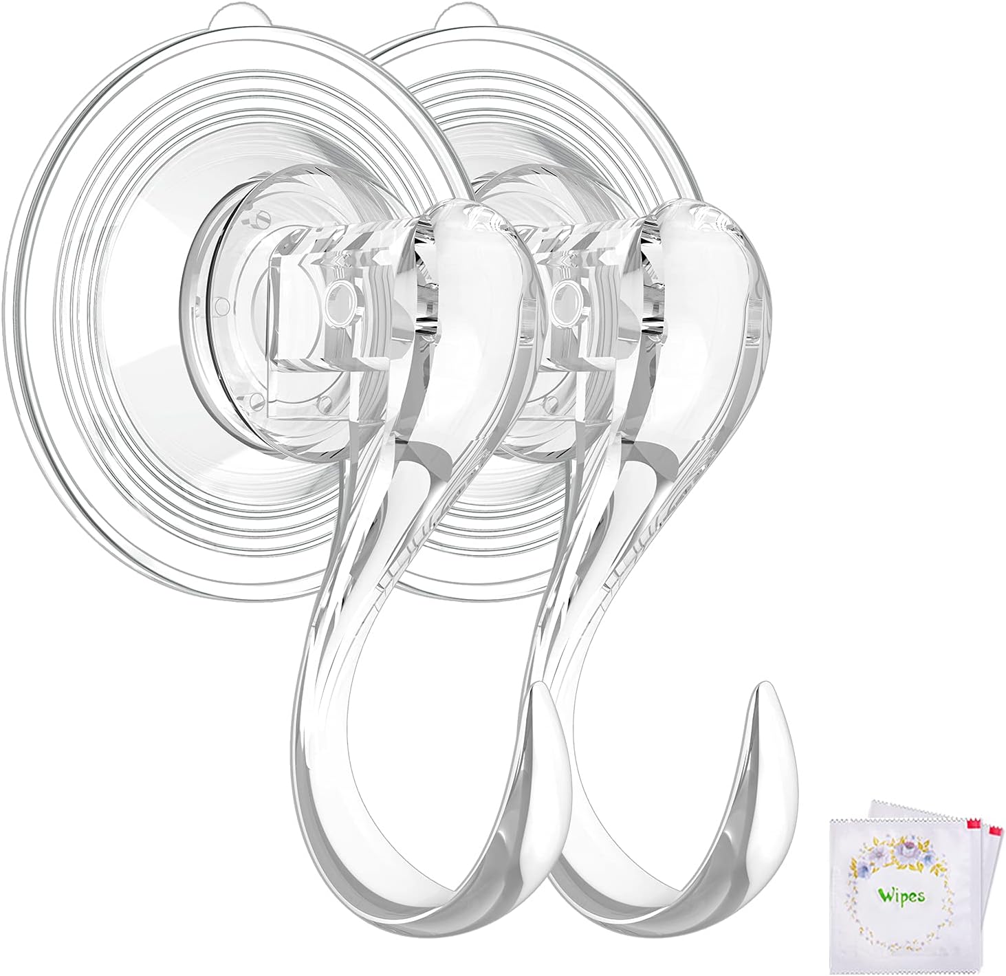 Suction Cup Hooks, Small Shower Suction Hooks with Wipes, Heavy Duty, Removable and Reusable, Clear, 2 Pcs