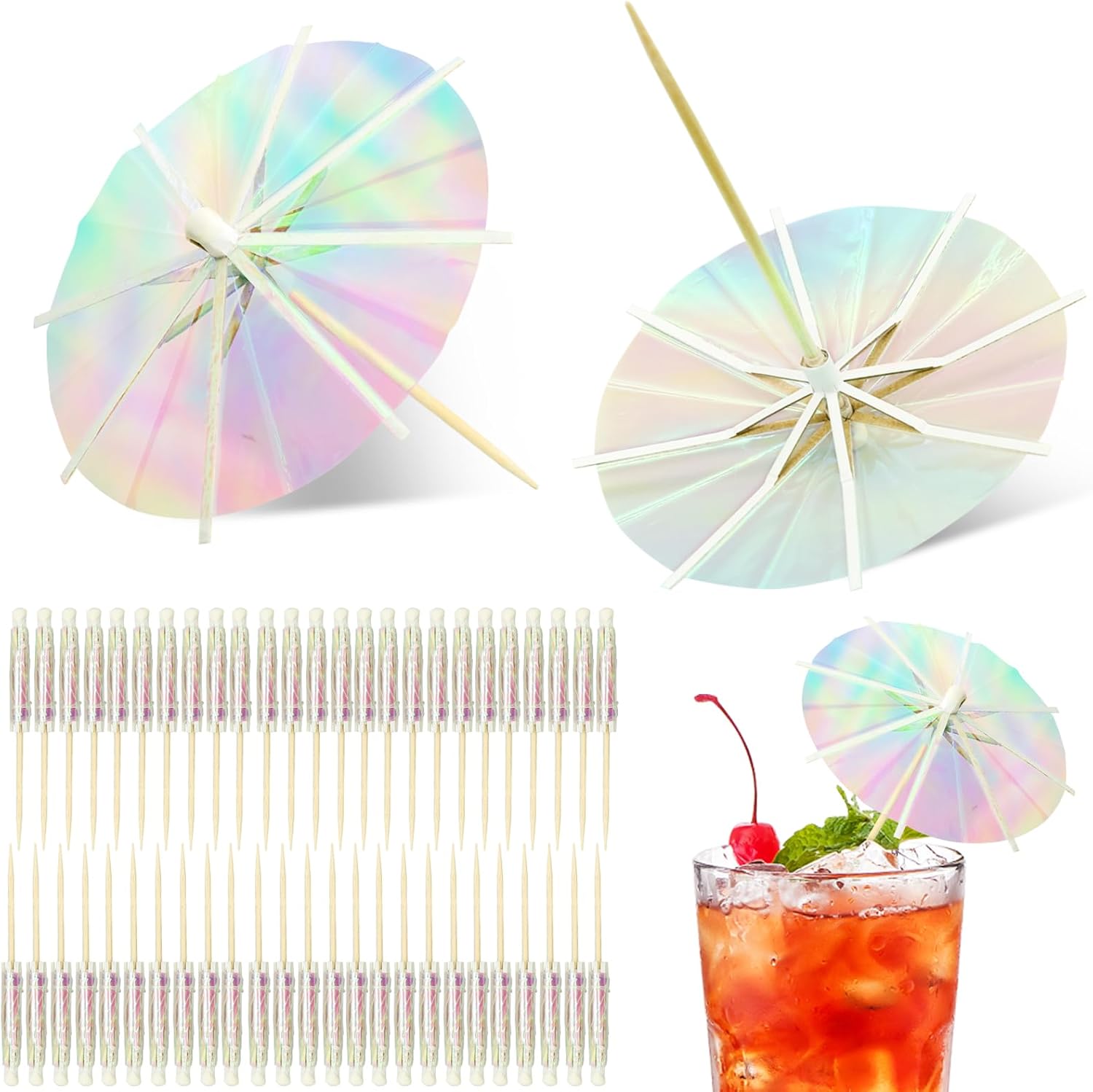 50Pcs Drink Umbrellas Cocktail Picks, Umbrella Drinks Sticks Wood Toothpicks Cocktail Umbrellas for Drinks Cupcake Appetizers, Umbrella Sticks Drink Toppers Party Decoration Supplies(Fluorescent)