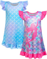 2pcs Girls Nightgowns Unicorn Mermaid Pajamas for Toddler Girls Princess Nightgown Sleepwear for Kids 3-9 Years