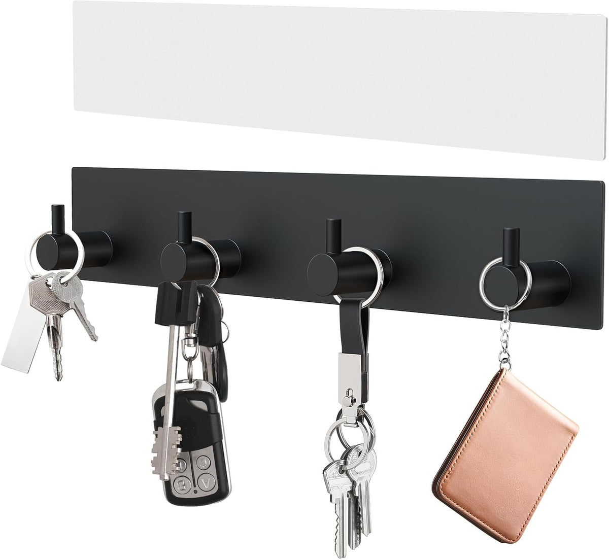 Key Holder Wall Mount, Large Metal Self Adhesive Key Hanger with 4 Hooks, No Drilling, Extra Adhesive Strip, Black
