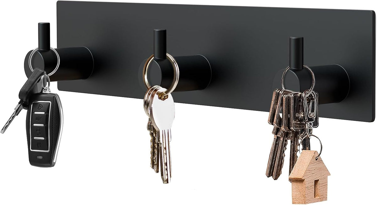 Magnetic Key Holder Wall Mount, Metal Adhesive Key Hanger with 3 Hooks, No Drilling, 2 Mount Options, Black, Small