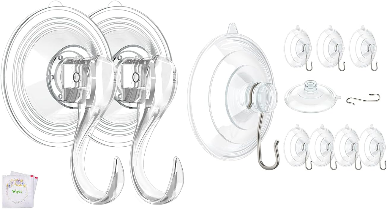 2 Pcs Large Suction Cup Hooks and 10 Pcs Large Suction Cup with Metal Hooks
