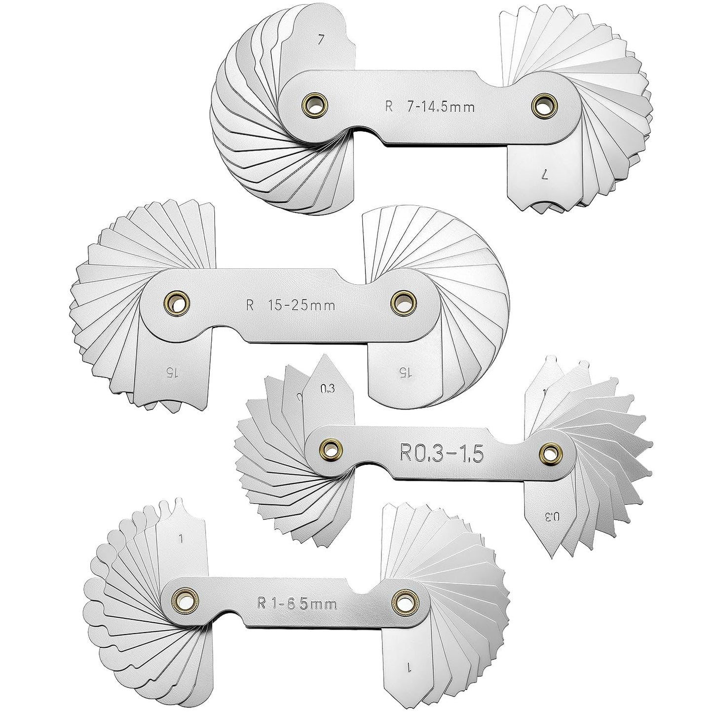 4 Pack Radius Gauge Set, Precision Stainless Steel Measurement Tool for Convex & Concave Surfaces, R0.3-1.5mm/ R1-6.5mm/ R7-14.5mm/ R15-25mm