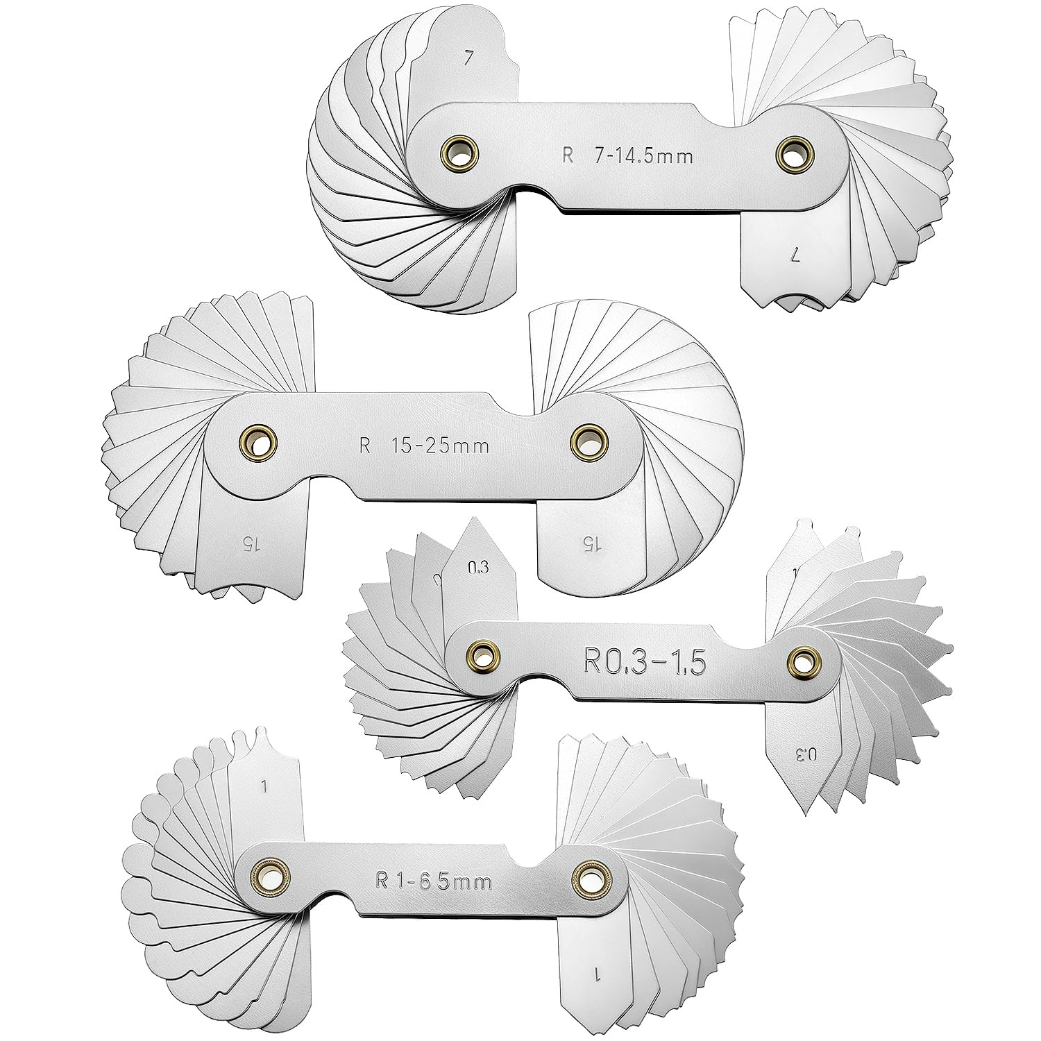 4 Pack Radius Gauge Set, Precision Stainless Steel Measurement Tool for Convex & Concave Surfaces, R0.3-1.5mm/ R1-6.5mm/ R7-14.5mm/ R15-25mm