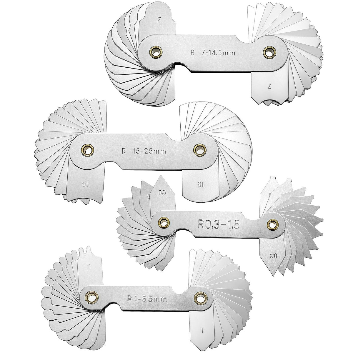 4 Pack Radius Gauge Set, Precision Stainless Steel Measurement Tool for Convex & Concave Surfaces, R0.3-1.5mm/ R1-6.5mm/ R7-14.5mm/ R15-25mm