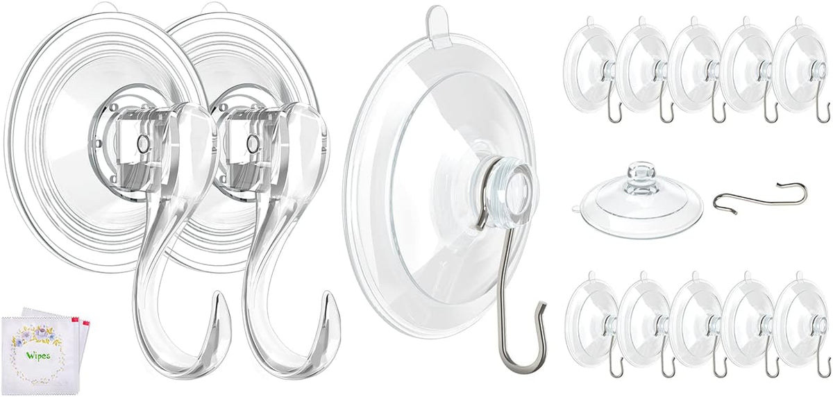 2 Pcs Large Suction Cup Hooks 12 Pcs Small Suction Cup with Metal Hooks
