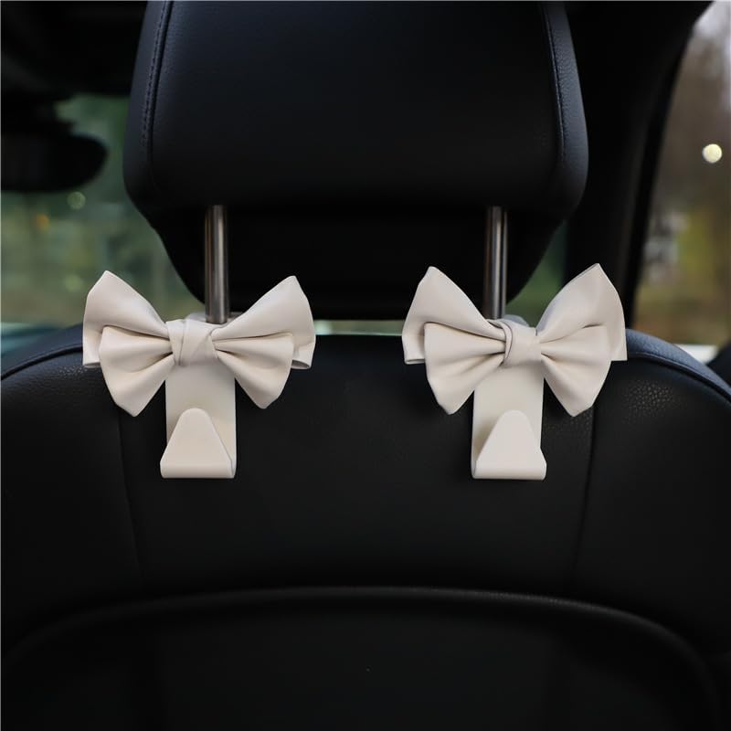 2 Pack Car Purse Hooks, Cute Bow Car Seat Headrest Hook Hanger for Purses and Bags, Space-Saving Car Accessory (Cream white)