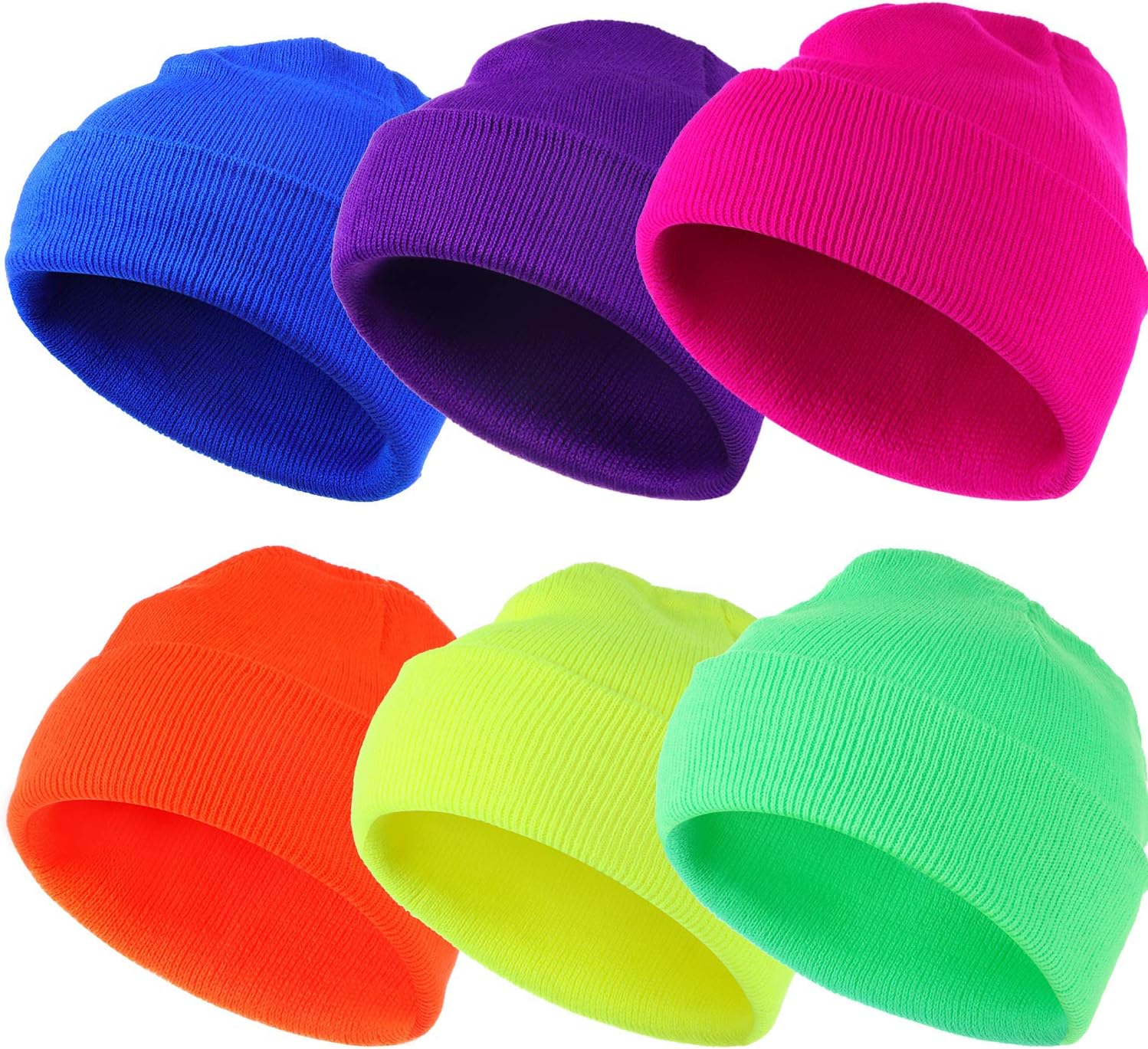 6 Pieces Neon Beanie Hat Acrylic Watch Winter Hat Plain Knit Long Skullcap Fisherman Beanie Unisex, Medium
