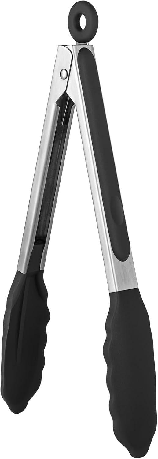 600ºF Heat Resistant Kitchen Tongs:  9 inch Silicone Cooking Tong with Firm Sealed Non Stick Rubber Tips & Silicon Coated 18/8 Stainless Steel Handle & Smooth Locking for Serving Salad (Black)