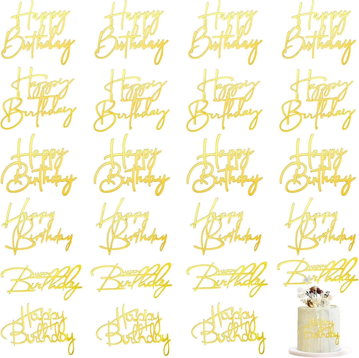 24 Pieces Gold Happy Birthday Cake Toppers Mirror Acrylic Cupcake Topper Happy Birthday Sign for Cake Side Cupcake Decorations, 6 Styles