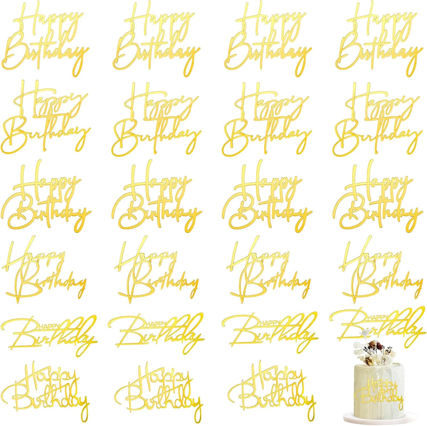 24 Pieces Gold Happy Birthday Cake Toppers Mirror Acrylic Cupcake Topper Happy Birthday Sign for Cake Side Cupcake Decorations, 6 Styles