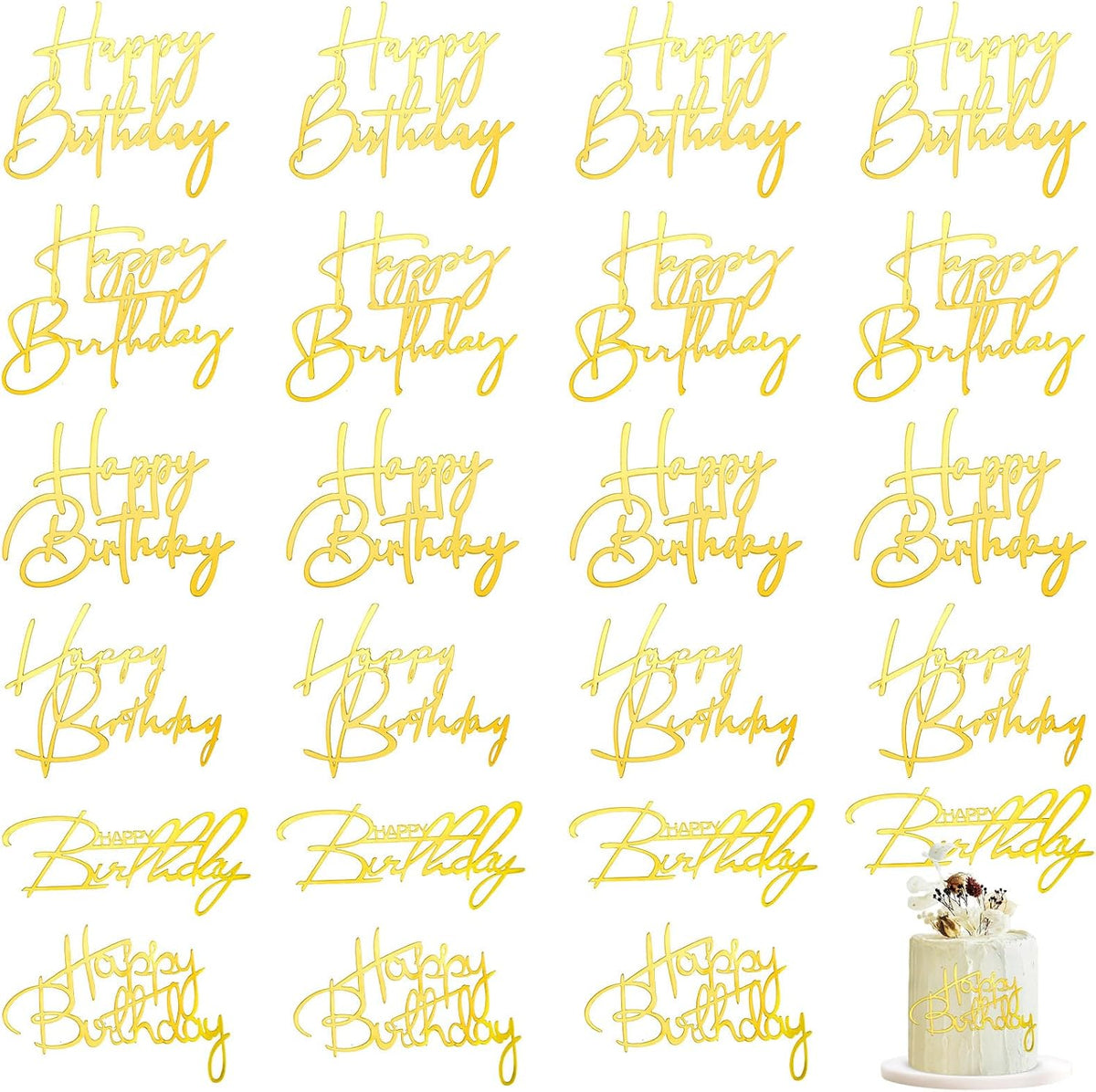24 Pieces Gold Happy Birthday Cake Toppers Mirror Acrylic Cupcake Topper Happy Birthday Sign for Cake Side Cupcake Decorations, 6 Styles