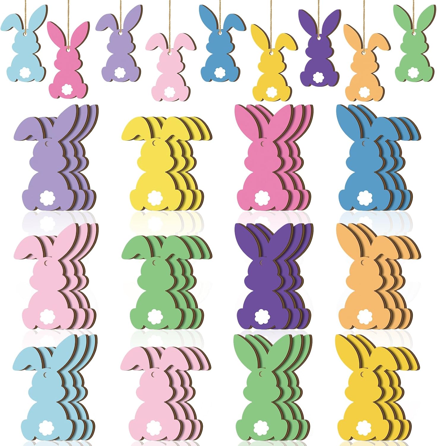 36 Pcs Easter Bunny Tree Ornaments Easter Wooden Hanging Decor 12 Color Rabbit Embellishments for Tree Wood Bunny Tags Rabbit Shape Cutouts with String for Party Wall Gift