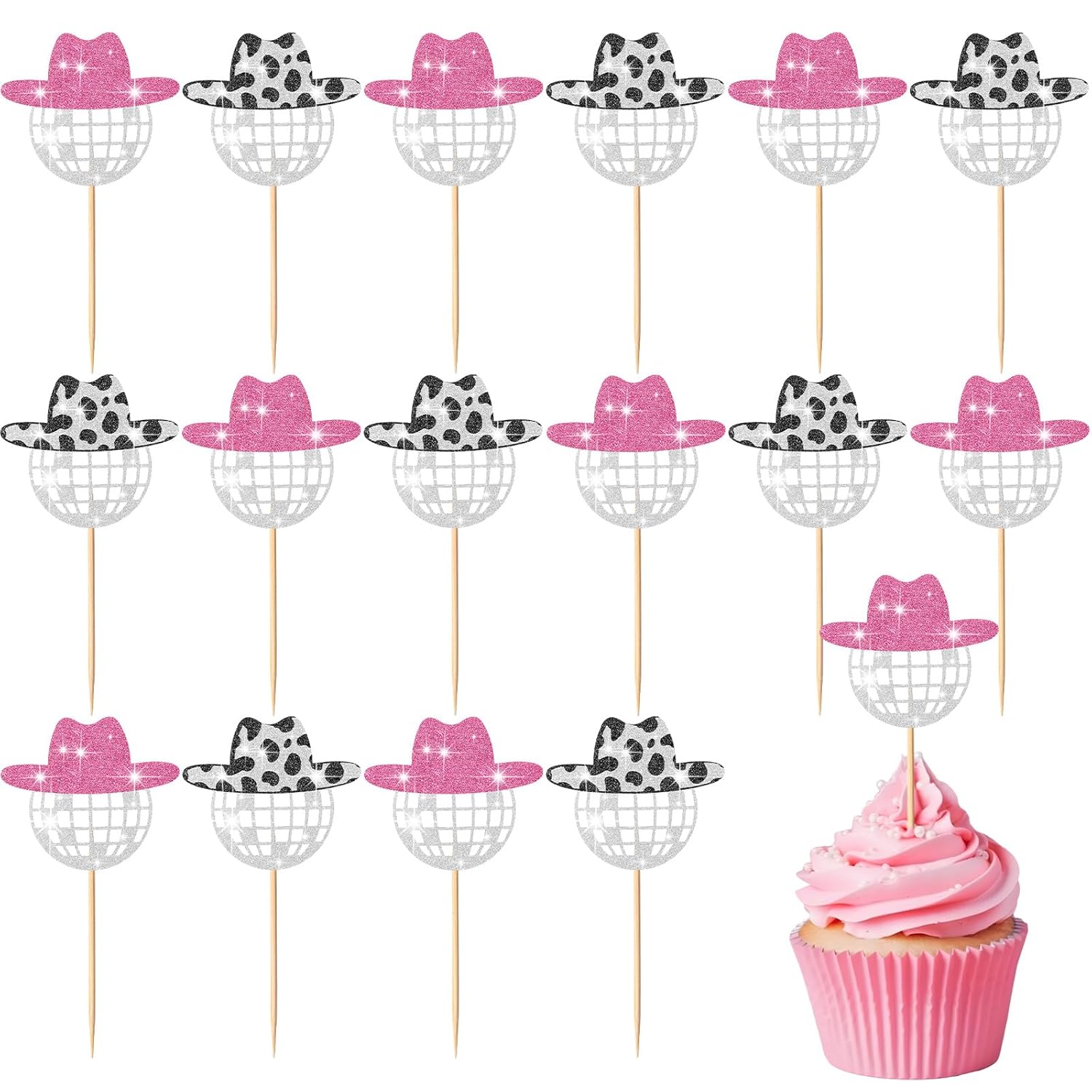 60 Pcs Glitter Disco Ball Cupcake Topper Cowboy Hat Cake Decorations Mini Cowgirl Party Decorations with Picks for Birthday Disco 2000s Theme Party(Simple)