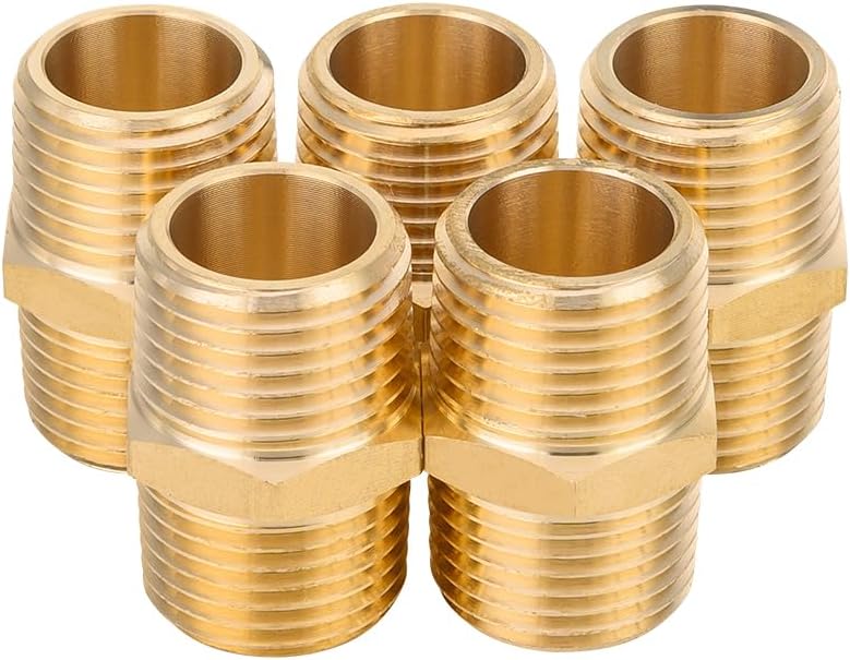 (Pack of 5)  Brass Pipe Fitting, 1/2" x1/2" Male NPT Hex Nipple Straight Adapters For Copper, Brass or Iron Pipe Connection (5, 1/2 inch),(NPT013-5PCS)
