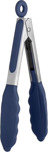 480ºF Heat Proof Kitchen Tong:  7" Silicone Cooking Tong with Firm Sealed Non Stick Rubber Tips & Silicon Coated 18/8 Stainless Steel Handle & Smooth Locking for Serving Salad (Midnight Blue)