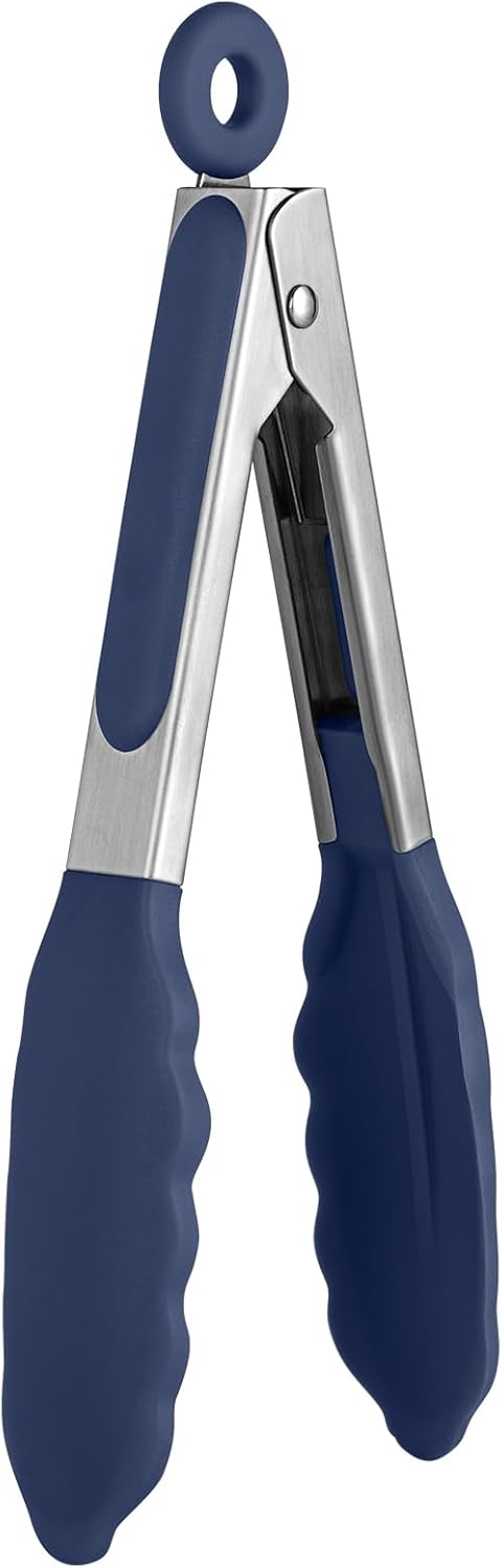 480ºF Heat Proof Kitchen Tong:  7" Silicone Cooking Tong with Firm Sealed Non Stick Rubber Tips & Silicon Coated 18/8 Stainless Steel Handle & Smooth Locking for Serving Salad (Midnight Blue)